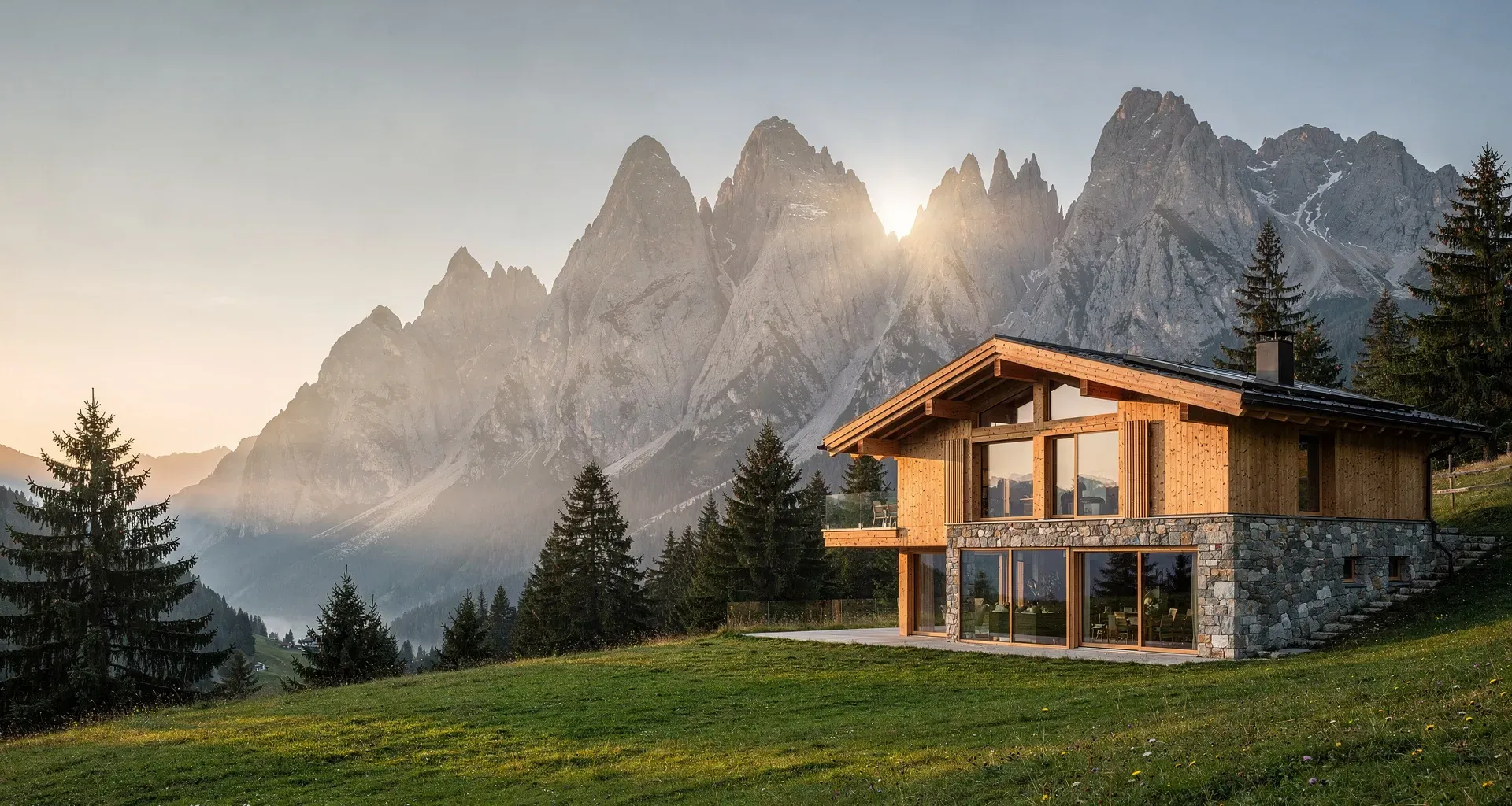Wood and stone chalet on an alpine meadow in front of the Tyrolean mountains in evening light