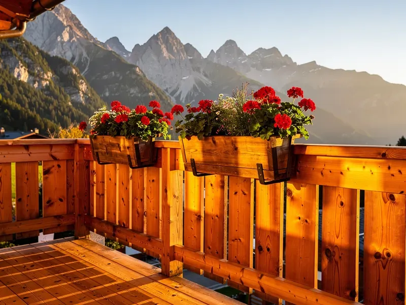 Holzbalkon mit roten Geranien vor einer Bergkulisse